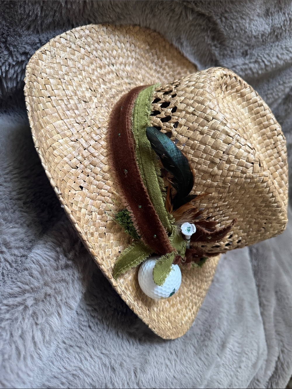 Straw Fedora Hat with Green & Brown Accent golf tee and golf ball